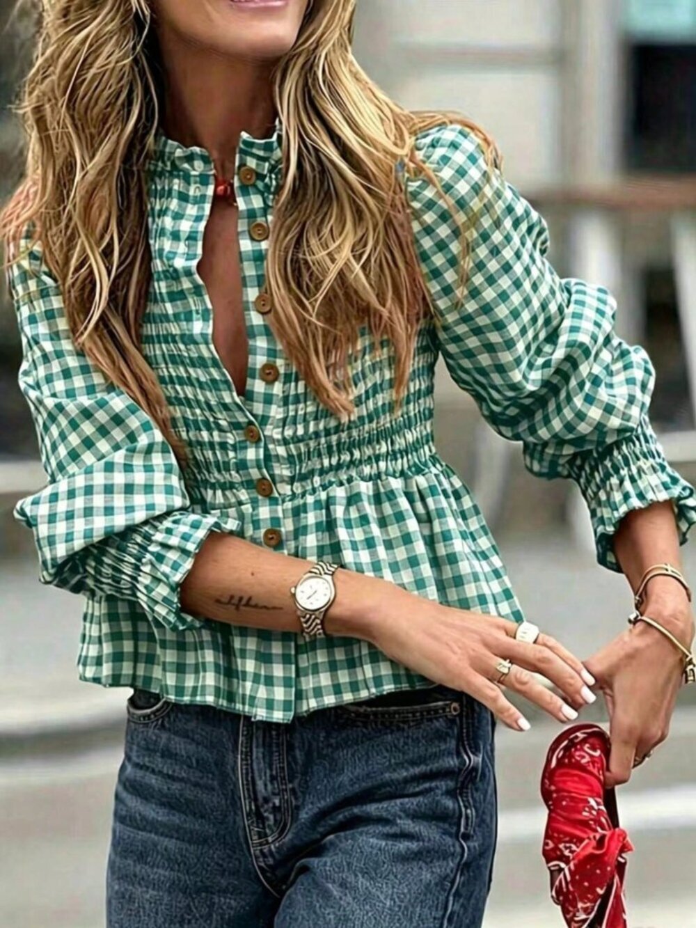 Green Casual Women's French Waist Cinching Plaid Design Chic Top